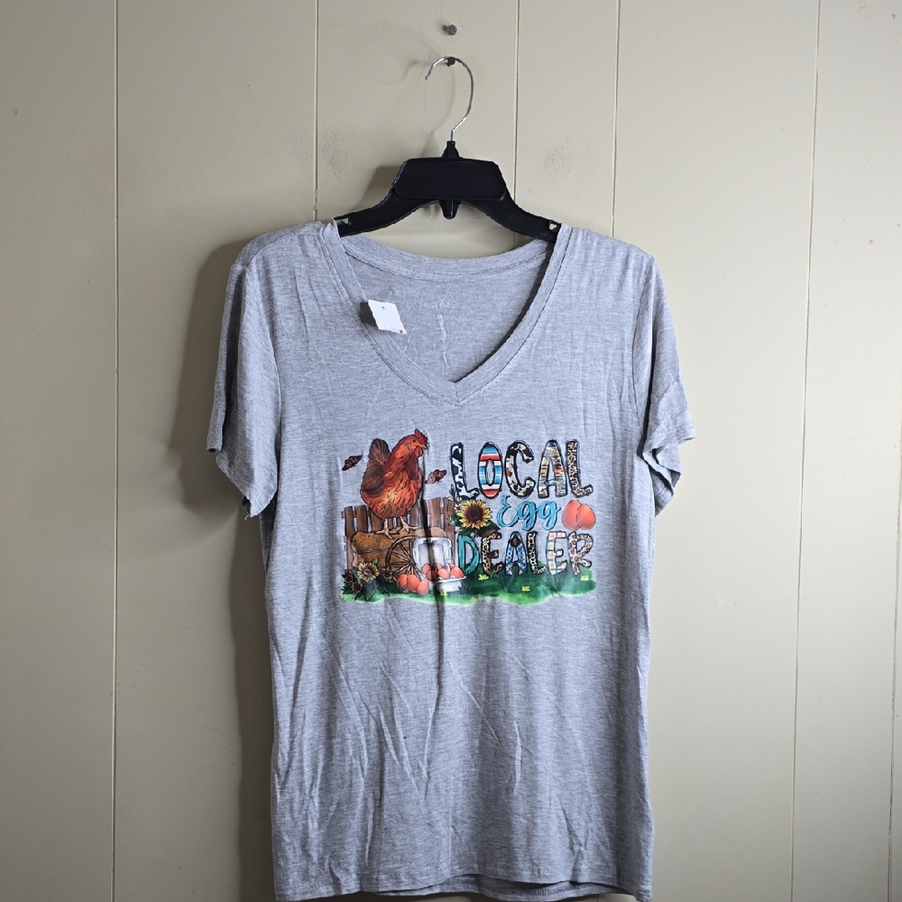 Gray Graphic Tee with Local Egg Dealer Design Medium Just Be